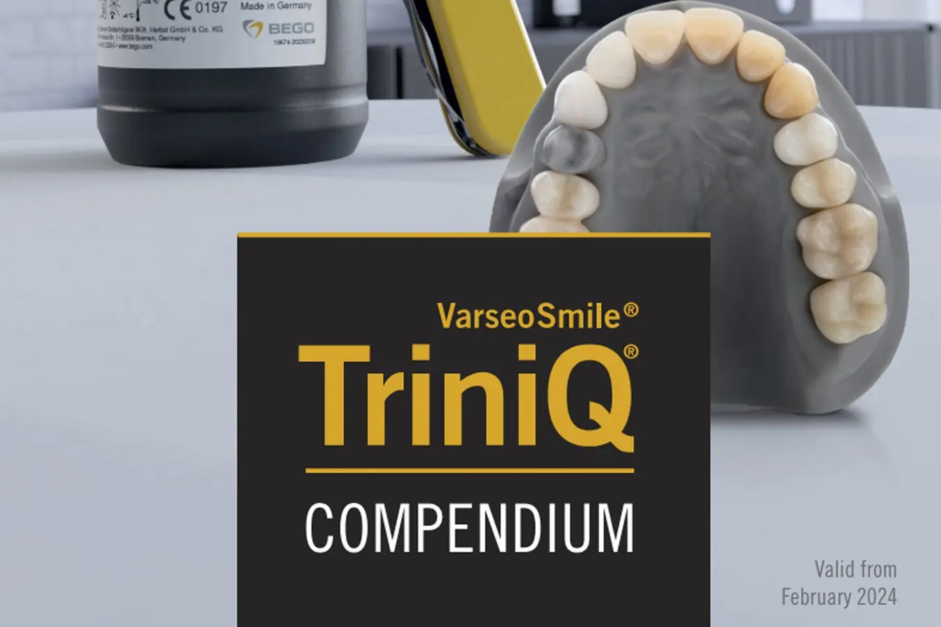 BEGO™ VarseoSmileⓇ TriniQⓇ text in front of model with crowns