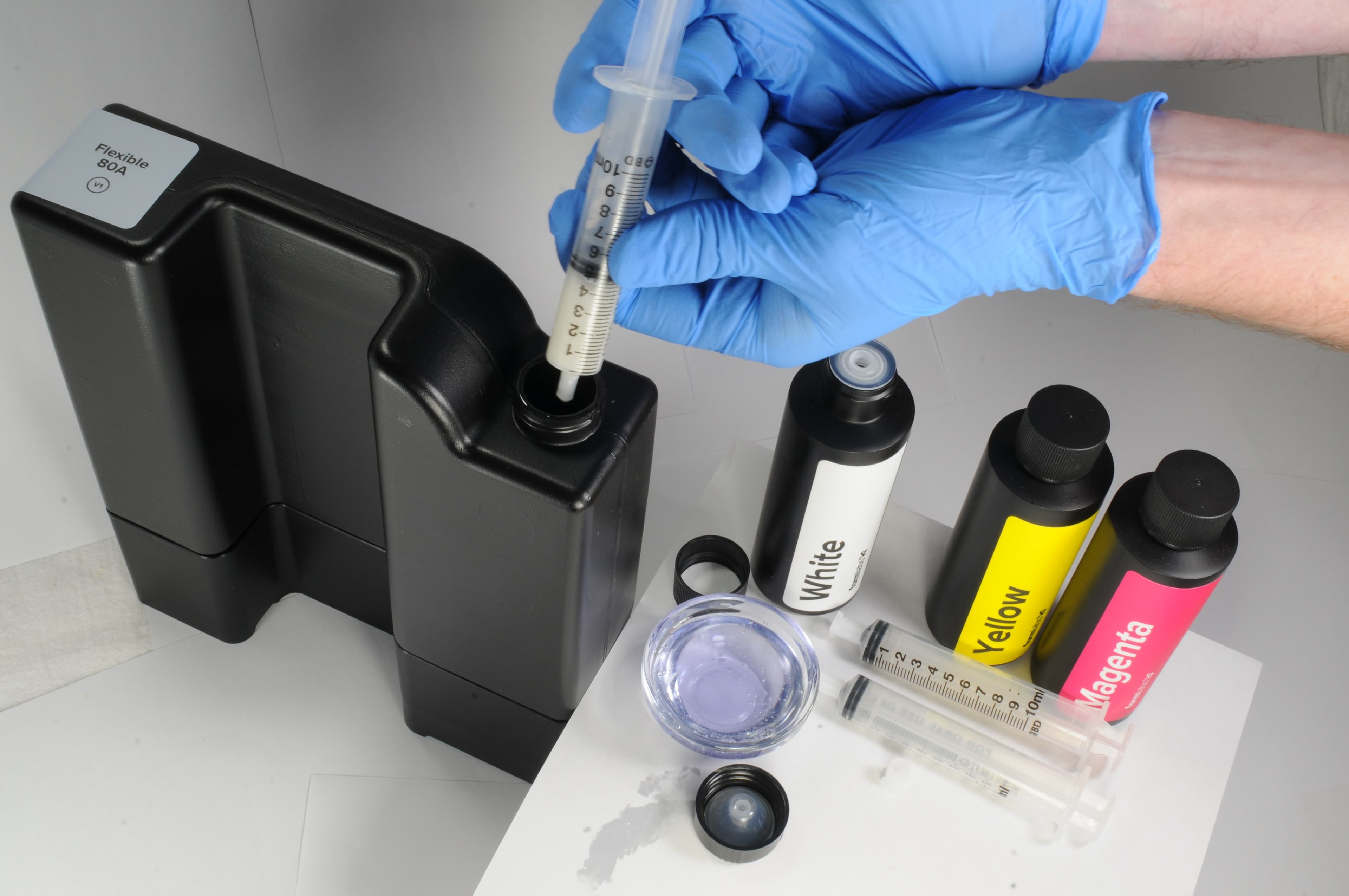 1 syringe white into bottle