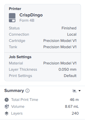 Screenshot of PreForm settings for Precision Model Resin at 50 microns