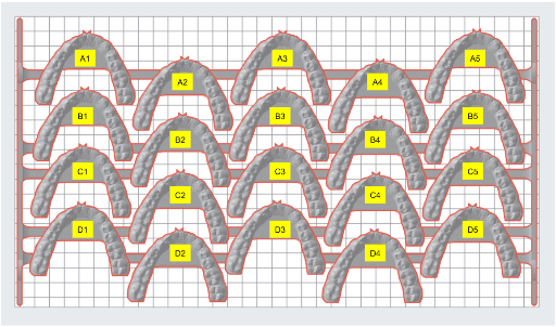 The models in a frame design for spinning. The letter/number identifiers indicate model placement on the frame and, therefore, on the build platform. These identifiers correspond to those in the table below.