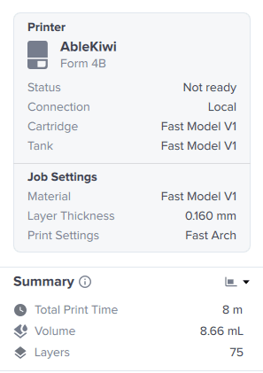Screenshot of PreForm settings for Fast Model Resin at 160 microns