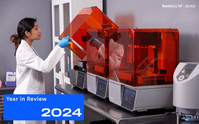 Person lifting cover of Form 4B 3D printer with the text Year in Review 2024