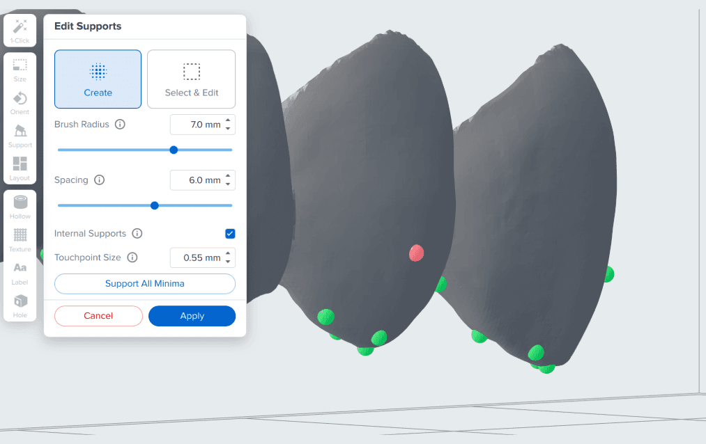 Screenshot of editing supports in PreForm
