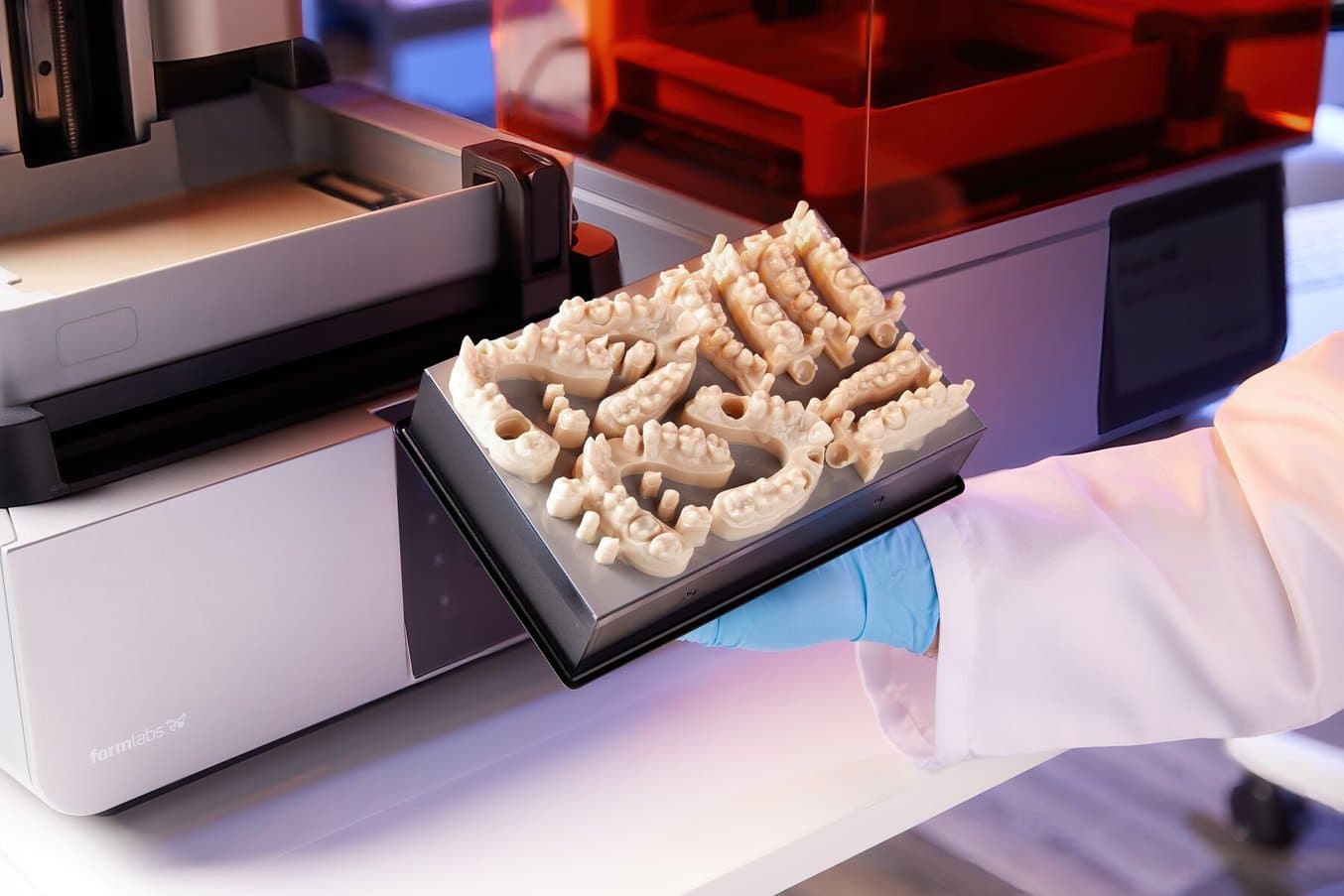 Person holding a build platform with restorative models on it