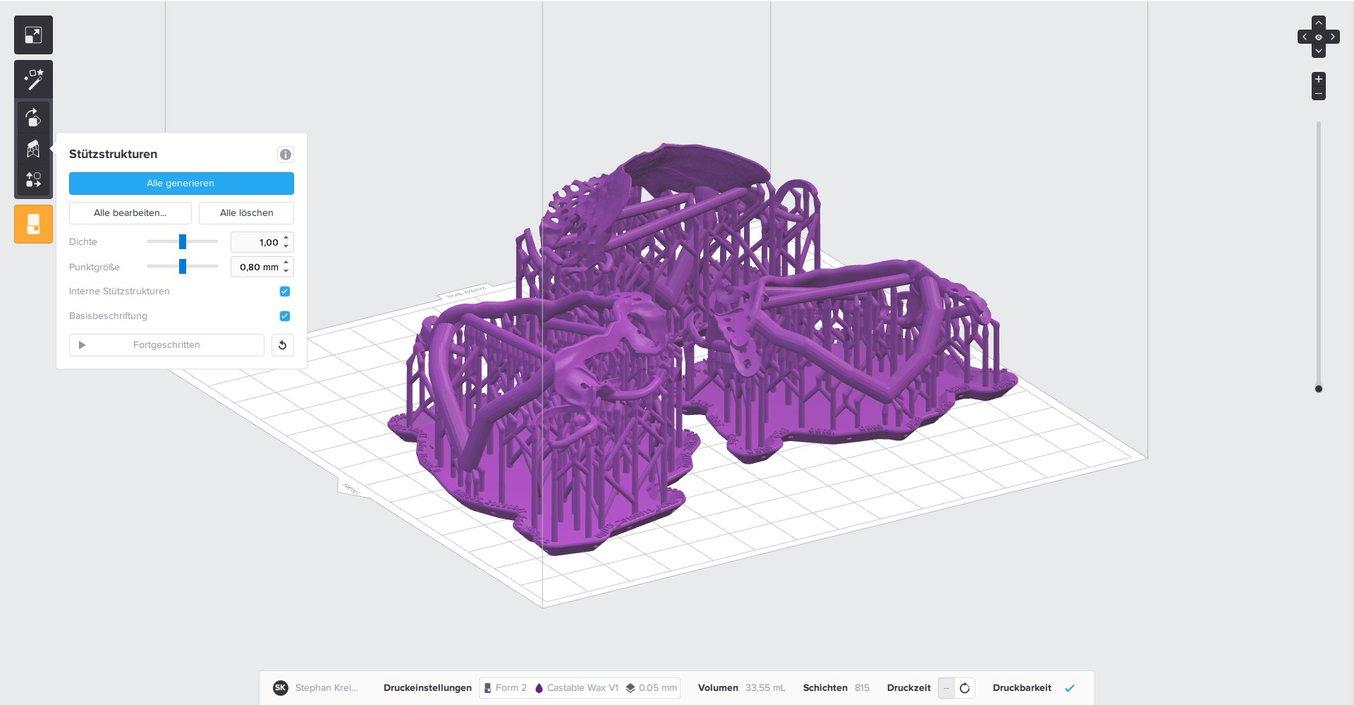 Prima di stampare in 3D strutture di scheletrato complesse con la Castable Wax Resin, Kreimer prepara le stampe con PreForm, il software intuitivo di Formlabs.