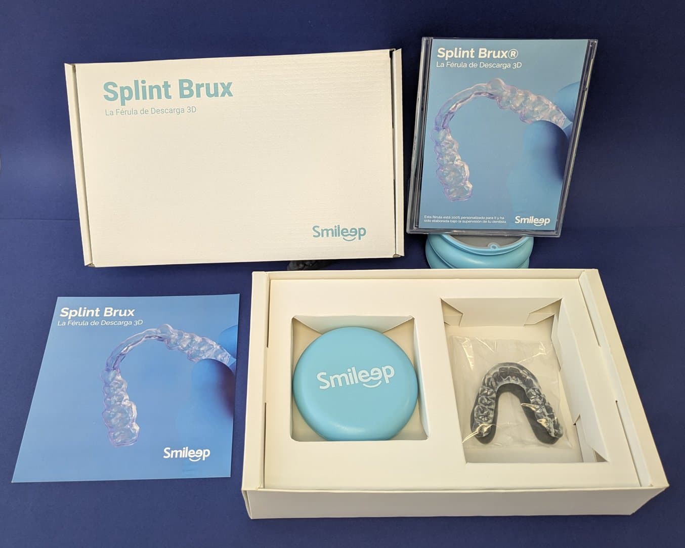 Packaging for an occlusal splint including a splint, case, model, and brochures