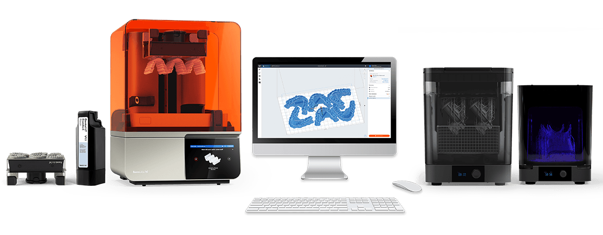 Build Platform with models, resin cartridge, Form 4B, monitor showing PreForm Dental. Form Wash, and Form Cure