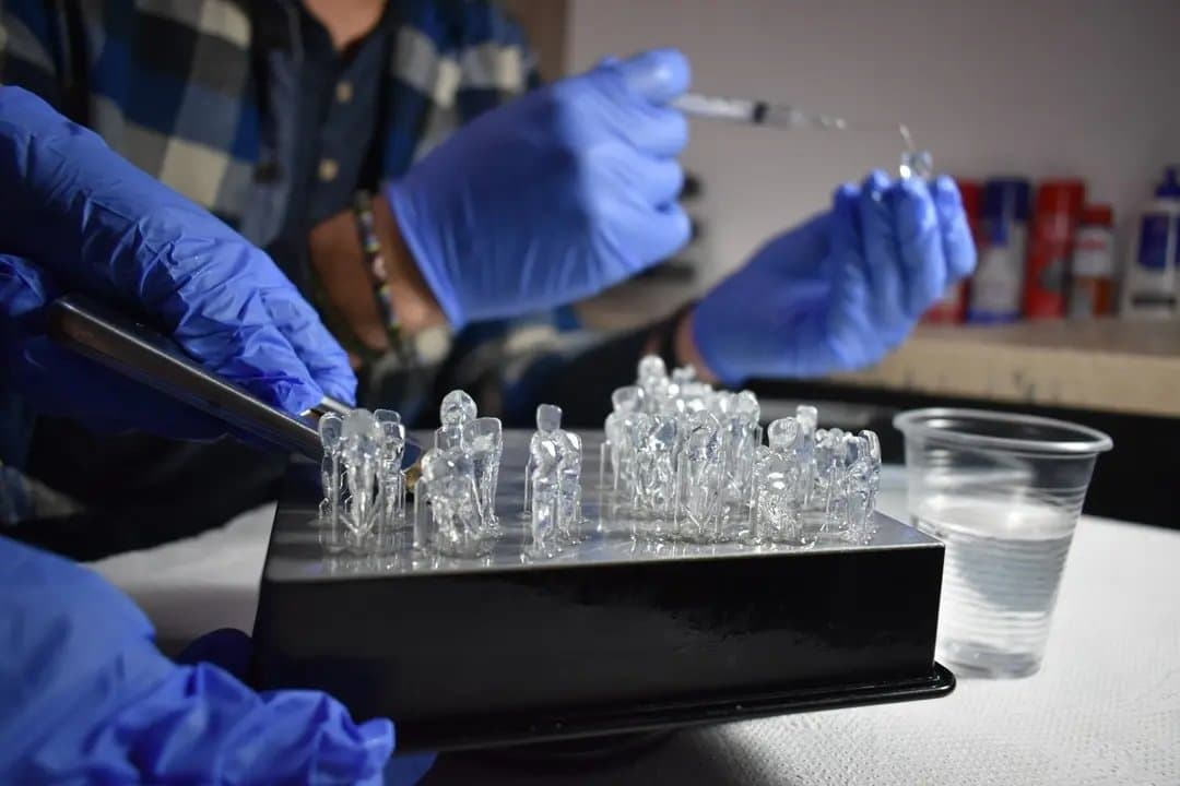 Gloved hands remove transparent 3D printed teeth from a Build Platform.