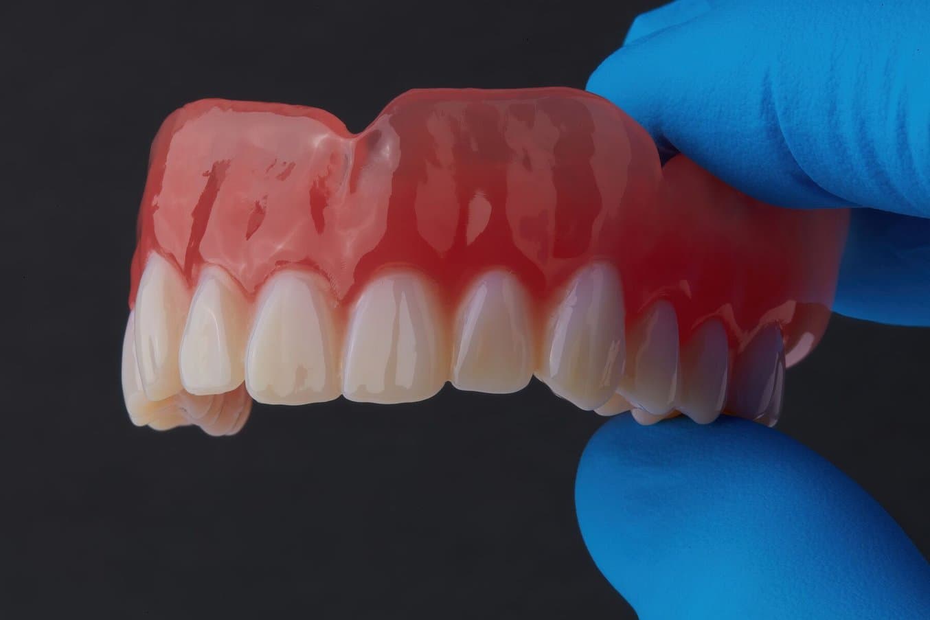 Digital Denture held by gloved fingers